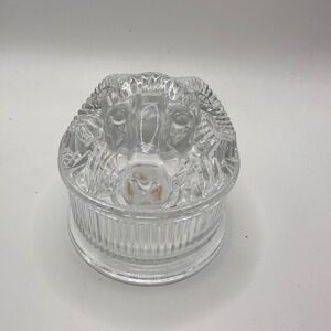 Val St Lambert Belgium Crystal Ram Head Trinket Box Ribbed Glass Jewelry Dish